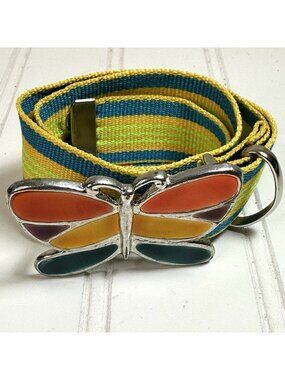 Vintage Belt XS Butterfly Enamel Buckle Yellow Teal Size 23” to 25” Retro Boho